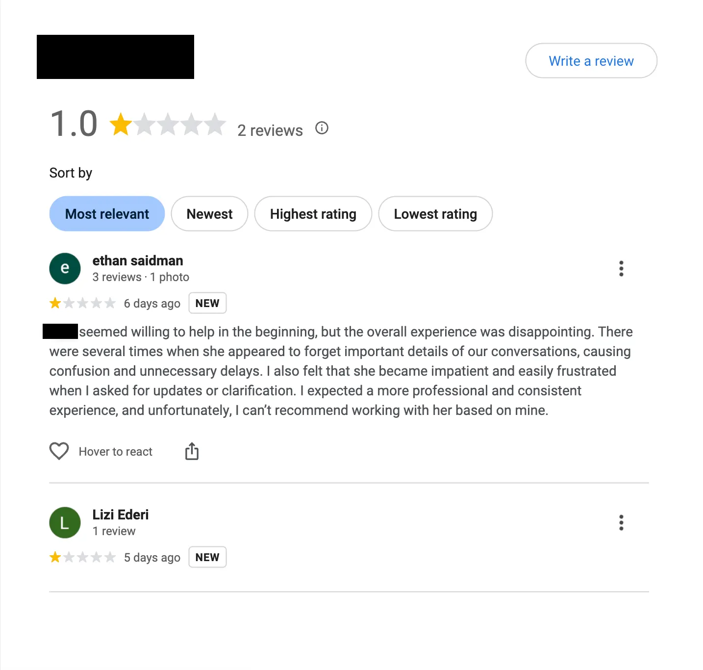 Redacted one-star Google review screenshot.